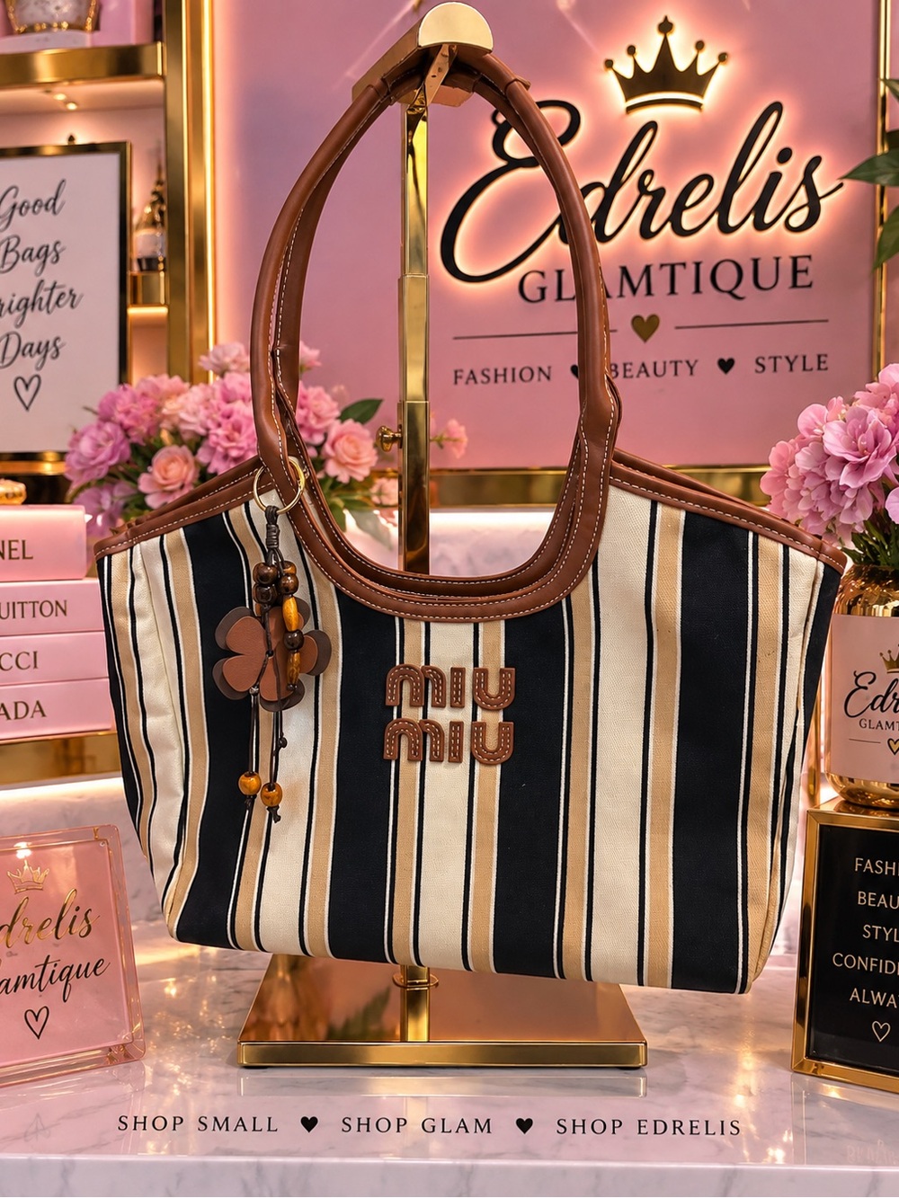Beige and Black Striped Tote Bag